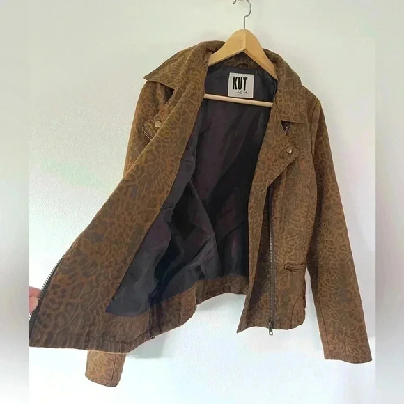 Kut From The Kloth Leopard Print Full Zip Cotton Blend Moto Jacket - Picture 5 of 12